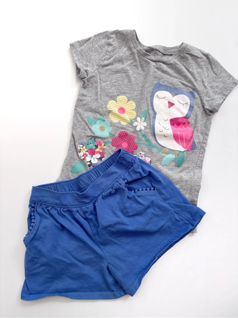 OshKosh B'gosh Gray Top with Blue Shorts - Owl Floral Graphic 5T